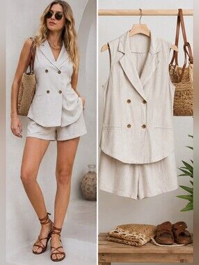ReVamped Linen Blend Vest Shorts Set M Cream